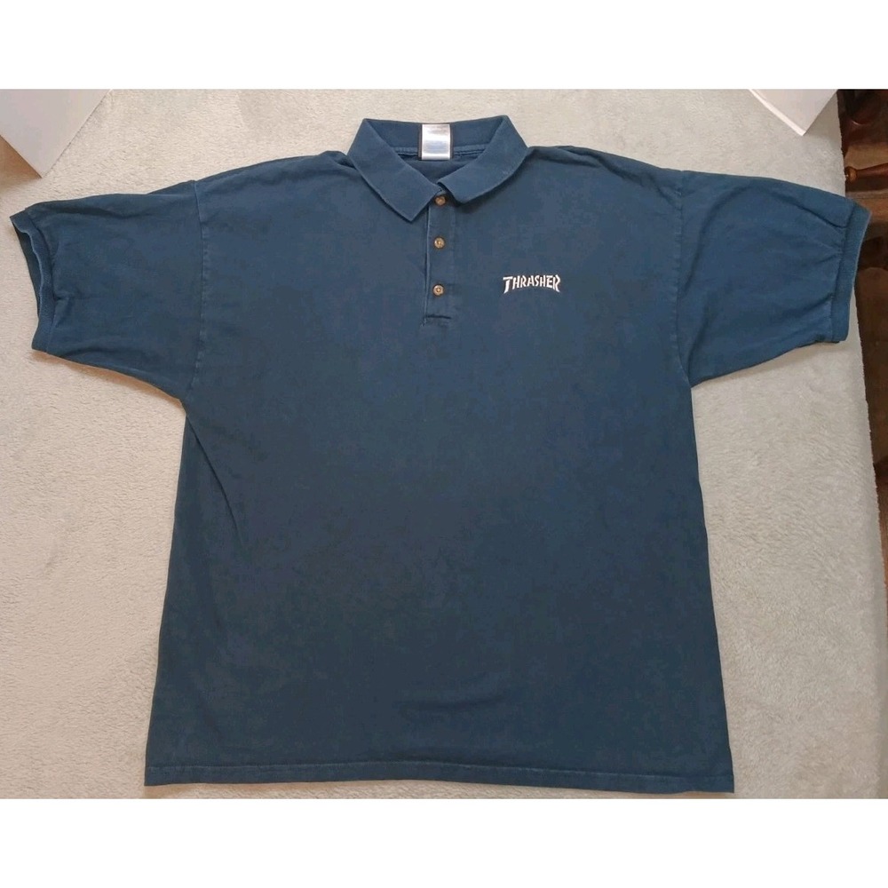 Thrasher Y2K Polo Shirt Black Men's XL Skate Or Die Embroidered Logo Grunge.
